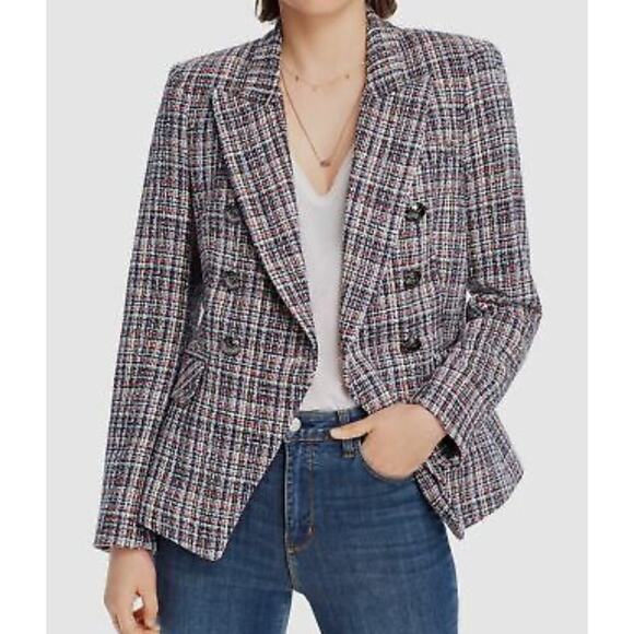 LINI Women's Blue Red McKenzie Tweed Double-Breasted Jacket Blazer Size 4 - Picture 1 of 8